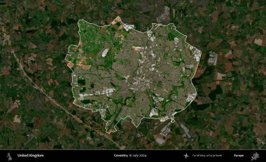 Coventry. Birleşik Krallık 'ın idari alanı, Temmuz 2024' te çekilen Kopernik Nöbetçi karolarından oluşan koyu renkli bir uydu görüntüsü üzerinde vurgulandı ve özetlendi.