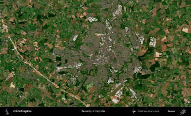 Coventry. Temmuz 2024 'te çekilen Kopernik Nöbetçi karolarından oluşan bir uydu görüntüsü üzerinde Birleşik Krallık' ın idari alanı