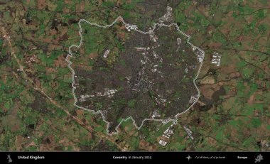 Coventry. Ocak 2025 'te çekilen Kopernik Nöbetçi karolarından oluşan bir uydu görüntüsü üzerinde Birleşik Krallık' ın idari alanının ana hatlarını belirledik.