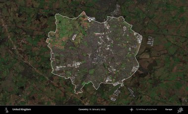 Coventry. Birleşik Krallık 'ın idari alanı, Ocak 2025' te çekilen Kopernik Nöbetçi karolarından oluşan koyu renkli bir uydu görüntüsü üzerinde vurgulandı ve özetlendi.