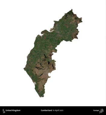 Cumberland. Birleşik Krallık 'ın idari alanı, Nisan 2021' de çekilen Kopernik Nöbetçi karolarından oluşan bir uydu görüntüsü üzerinde beyaza izole edilmiştir.