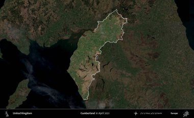 Cumberland. Birleşik Krallık 'ın idari alanı, Nisan 2021' de çekilen Kopernik Nöbetçi karolarından oluşan koyu renkli bir uydu görüntüsü üzerinde vurgulandı ve özetlendi.