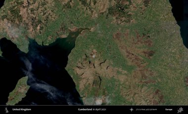 Cumberland. Nisan 2021 'de çekilen Kopernik Nöbetçi karolarından oluşan bir uydu görüntüsü üzerinde Birleşik Krallık' ın idari alanı