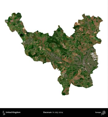Dacorum. Birleşik Krallık 'ın idari alanı, Temmuz 2024' te çekilen Kopernik Nöbetçi karolarından oluşan bir uydu görüntüsü ile beyaza izole edilmiştir.