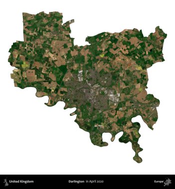 Darlington. Birleşik Krallık 'ın idari alanı, Nisan 2020' de çekilen Kopernik Nöbetçi karolarından oluşan bir uydu görüntüsü üzerinde beyaza izole edilmiştir.