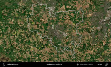 Darlington. Nisan 2020 'de çekilen Kopernik Nöbetçi karolarından oluşan bir uydu görüntüsü üzerinde Birleşik Krallık' ın idari alanının ana hatlarını belirledik.