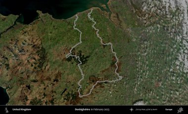 Denbighshire 'da. Şubat 2023 'te çekilen Kopernik Nöbetçi karolarından oluşan bir uydu görüntüsü üzerinde Birleşik Krallık' ın idari bölgesinin ana hatlarını belirledik.