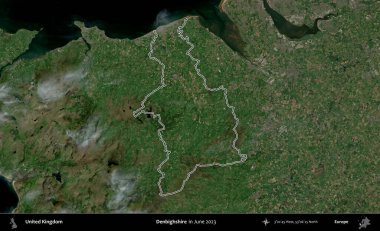 Denbighshire 'da. Haziran 2023 'te çekilen Kopernik Nöbetçi karolarından oluşan bir uydu görüntüsü üzerinde Birleşik Krallık' ın idari alanının ana hatlarını belirledik.