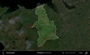 Denbighshire 'da. Birleşik Krallık 'ın idari alanı, Haziran 2023' te çekilen Kopernik Nöbetçi karolarından oluşan koyu renkli bir uydu görüntüsüyle vurgulanmış ve özetlenmiştir.