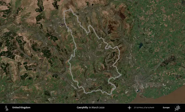 Caerphilly 'de. Mart 2020 'de çekilen Copernicus Sentinel karolarından oluşan bir uydu görüntüsü üzerinde Birleşik Krallık' ın idari bölgesinin ana hatlarını belirledik.
