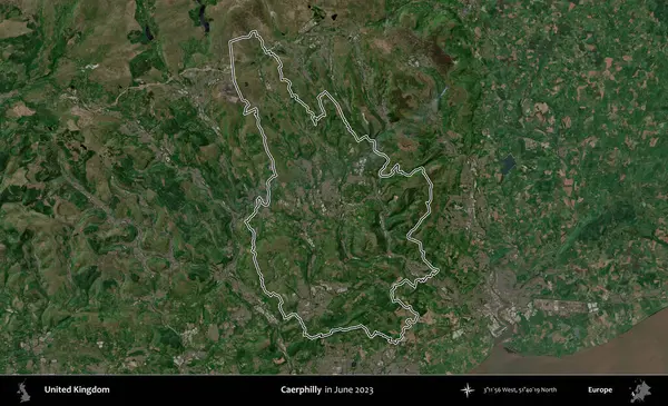 Caerphilly 'de. Haziran 2023 'te çekilen Kopernik Nöbetçi karolarından oluşan bir uydu görüntüsü üzerinde Birleşik Krallık' ın idari alanının ana hatlarını belirledik.