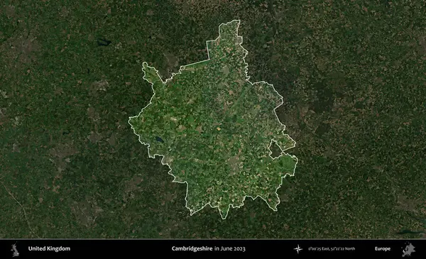 Cambridgeshire. Birleşik Krallık 'ın idari alanı, Haziran 2023' te çekilen Kopernik Nöbetçi karolarından oluşan koyu renkli bir uydu görüntüsüyle vurgulanmış ve özetlenmiştir.