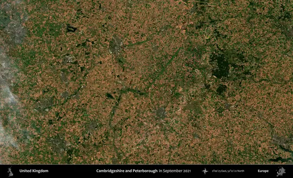 Cambridgeshire ve Peterborough. Eylül 2021 'de Copernicus Sentinel karolarından oluşan bir uydu görüntüsü üzerinde Birleşik Krallık' ın idari alanı