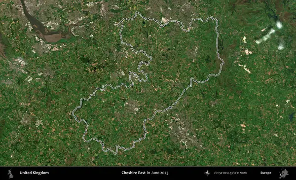 Doğu Cheshire. Haziran 2023 'te çekilen Kopernik Nöbetçi karolarından oluşan bir uydu görüntüsü üzerinde Birleşik Krallık' ın idari alanının ana hatlarını belirledik.