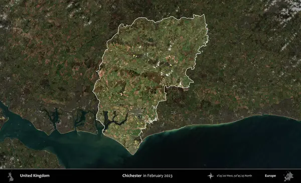 Chichester. Birleşik Krallık 'ın idari alanı, Şubat 2023' te çekilen Kopernik Nöbetçi karolarından oluşan koyu renkli bir uydu görüntüsü üzerinde vurgulandı ve özetlendi.