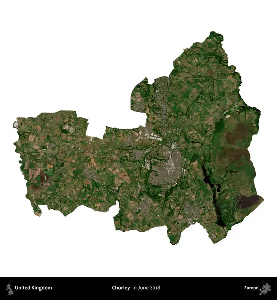 Chorley. Birleşik Krallık 'ın idari alanı, Haziran 2018' de çekilen Kopernik Nöbetçi karolarından oluşan bir uydu görüntüsüyle beyaza izole edilmiştir.