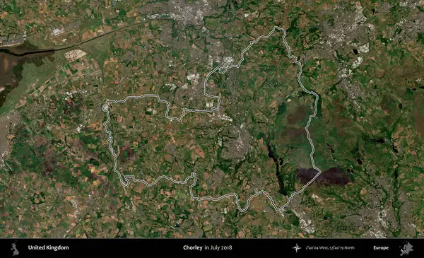 Chorley. Temmuz 2018 'de çekilen Copernicus Sentinel karolarından oluşan bir uydu görüntüsü üzerinde Birleşik Krallık' ın idari bölgesinin ana hatlarını belirledik.