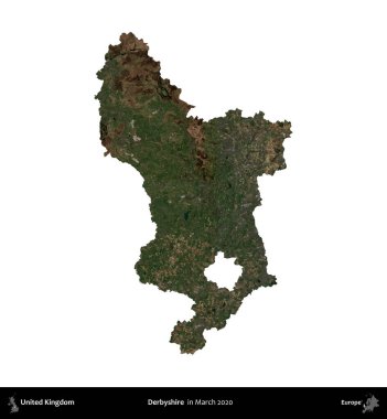 Derbyshire 'da. Birleşik Krallık 'ın idari alanı, Mart 2020' de çekilen Kopernik Nöbetçi karolarından oluşan bir uydu görüntüsü üzerinde beyaza izole edilmiştir.