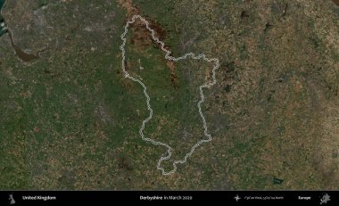 Derbyshire 'da. Mart 2020 'de çekilen Copernicus Sentinel karolarından oluşan bir uydu görüntüsü üzerinde Birleşik Krallık' ın idari bölgesinin ana hatlarını belirledik.