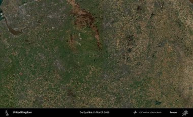 Derbyshire 'da. Mart 2020 'de Copernicus Sentinel karolarından oluşan bir uydu görüntüsü üzerinde Birleşik Krallık' ın idari alanı