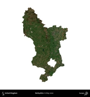 Derbyshire 'da. Birleşik Krallık 'ın idari alanı, Mayıs 2020' de çekilen Kopernik Nöbetçi karolarından oluşan bir uydu görüntüsü üzerinde beyaza izole edilmiştir.