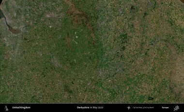 Derbyshire 'da. Mayıs 2020 'de Copernicus Sentinel karolarından oluşan bir uydu görüntüsü üzerinde Birleşik Krallık' ın idari alanı