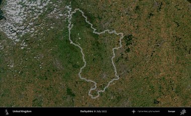 Derbyshire 'da. Temmuz 2022 'de çekilen Copernicus Sentinel karolarından oluşan bir uydu görüntüsü üzerinde Birleşik Krallık' ın idari bölgesinin ana hatlarını belirledik.