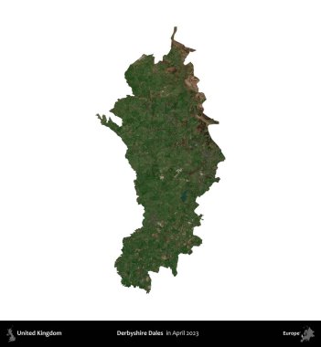 Derbyshire Dales. Birleşik Krallık 'ın idari alanı, Nisan 2023' te çekilen Kopernik Nöbetçi karolarından oluşan bir uydu görüntüsü üzerinde beyaza izole edilmiştir.