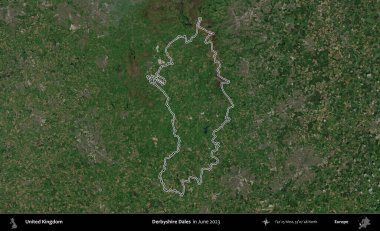 Derbyshire Dales. Haziran 2023 'te çekilen Kopernik Nöbetçi karolarından oluşan bir uydu görüntüsü üzerinde Birleşik Krallık' ın idari alanının ana hatlarını belirledik.