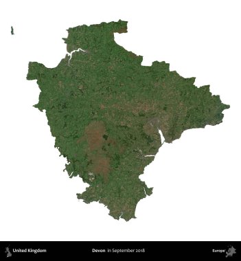 Devon. Birleşik Krallık 'ın idari alanı, Eylül 2018' de çekilen Kopernik Nöbetçi karolarından oluşan bir uydu görüntüsü üzerinde beyaza izole edilmiştir.