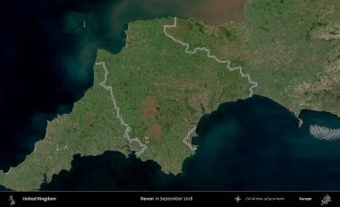 Devon. Eylül 2018 'de çekilen Kopernik Nöbetçi karolarından oluşan bir uydu görüntüsü üzerinde Birleşik Krallık' ın idari alanının ana hatlarını belirledik.