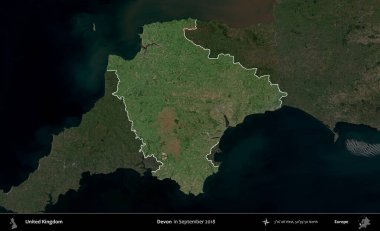 Devon. Birleşik Krallık 'ın idari alanı, Eylül 2018' de çekilen Kopernik Nöbetçi karolarından oluşan koyu renkli bir uydu görüntüsü üzerinde vurgulandı ve özetlendi.