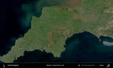 Devon. Eylül 2018 'de çekilen Kopernik Nöbetçi karolarından oluşan bir uydu görüntüsü üzerinde Birleşik Krallık' ın idari alanı