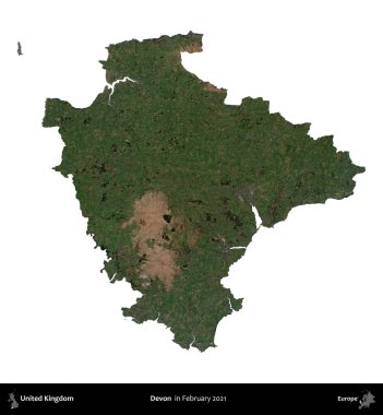 Devon. Birleşik Krallık 'ın idari alanı, Şubat 2021' de çekilen Kopernik Nöbetçi karolarından oluşan bir uydu görüntüsü üzerinde beyaza izole edilmiştir.