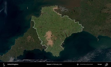 Devon. Birleşik Krallık 'ın idari alanı, Şubat 2021' de çekilen Kopernik Nöbetçi karolarından oluşan koyu renkli bir uydu görüntüsü üzerinde vurgulandı ve özetlendi.