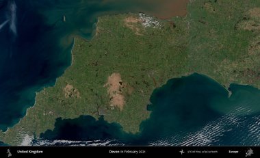 Devon. Kopernik Sentinel 'in Şubat 2021' de çekilmiş uydu görüntüsü üzerine Birleşik Krallık 'ın idari alanı