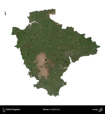 Devon. Birleşik Krallık 'ın idari alanı, Nisan 2021' de çekilen Kopernik Nöbetçi karolarından oluşan bir uydu görüntüsü üzerinde beyaza izole edilmiştir.