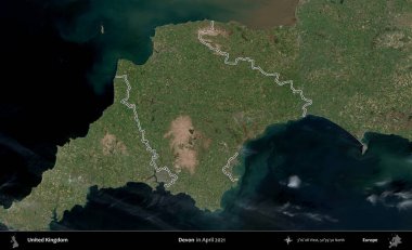 Devon. Nisan 2021 'de çekilen Kopernik Nöbetçi karolarından oluşan bir uydu görüntüsü üzerinde Birleşik Krallık' ın idari bölgesinin ana hatlarını belirledik.