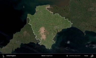 Devon. Birleşik Krallık 'ın idari alanı, Nisan 2021' de çekilen Kopernik Nöbetçi karolarından oluşan koyu renkli bir uydu görüntüsü üzerinde vurgulandı ve özetlendi.