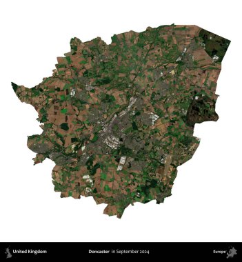 Doncaster 'da. Birleşik Krallık 'ın idari alanı, Eylül 2024' te çekilen Kopernik Nöbetçi karolarından oluşan bir uydu görüntüsü üzerinde beyaza izole edilmiştir.