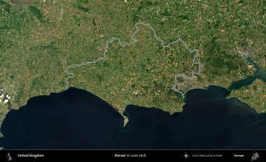 Dorset. Haziran 2018 'de çekilen Kopernik Nöbetçi karolarından oluşan bir uydu görüntüsü üzerinde Birleşik Krallık' ın idari alanının ana hatlarını belirledik.