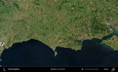 Dorset. Haziran 2018 'de çekilen Kopernik Nöbetçi karolarından oluşan bir uydu görüntüsü üzerinde Birleşik Krallık' ın idari alanı