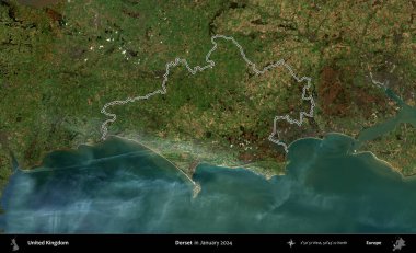 Dorset. Ocak 2024 'te çekilen Kopernik Nöbetçi karolarından oluşan bir uydu görüntüsü üzerinde Birleşik Krallık' ın idari bölgesinin ana hatlarını belirledik.