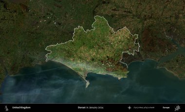 Dorset. Birleşik Krallık 'ın idari alanı, Ocak 2024' te çekilen Kopernik Nöbetçi karolarından oluşan koyu renkli bir uydu görüntüsü üzerinde vurgulandı ve özetlendi.