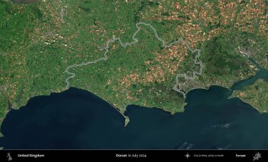 Dorset. Temmuz 2024 'te çekilen Copernicus Sentinel karolarından oluşan bir uydu görüntüsü üzerinde Birleşik Krallık' ın idari bölgesinin ana hatlarını belirledik.