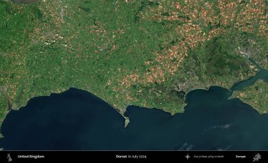 Dorset. Temmuz 2024 'te çekilen Kopernik Nöbetçi karolarından oluşan bir uydu görüntüsü üzerinde Birleşik Krallık' ın idari alanı
