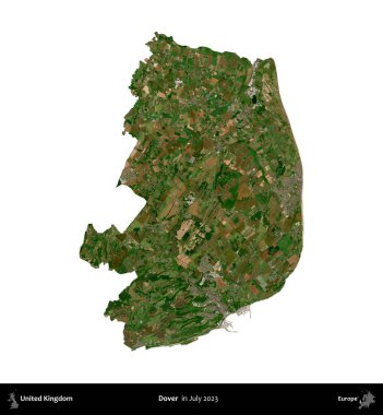 Dover. Birleşik Krallık 'ın idari bölgesi, Temmuz 2023' te çekilen Kopernik Nöbetçi karolarından oluşan bir uydu görüntüsü ile beyaza izole edilmiştir.