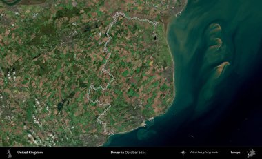 Dover. Ekim 2024 'te çekilen Kopernik Nöbetçi karolarından oluşan bir uydu görüntüsü üzerinde Birleşik Krallık' ın idari bölgesinin ana hatlarını belirledik.