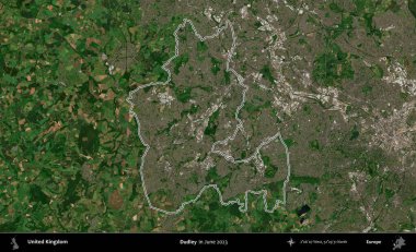 Dudley. Haziran 2023 'te çekilen Kopernik Nöbetçi karolarından oluşan bir uydu görüntüsü üzerinde Birleşik Krallık' ın idari alanının ana hatlarını belirledik.