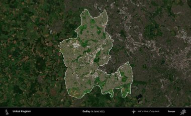 Dudley. Birleşik Krallık 'ın idari alanı, Haziran 2023' te çekilen Kopernik Nöbetçi karolarından oluşan koyu renkli bir uydu görüntüsüyle vurgulanmış ve özetlenmiştir.